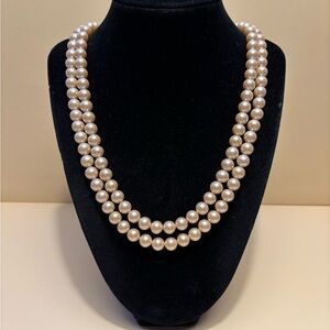 Vintage Silver Tone Double Faux Pearl Necklace 23”
